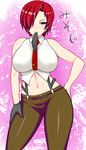  bare_shoulders black_gloves blush breasts brown_pants commentary_request earrings gloves hair_over_one_eye hand_on_hip jewelry large_breasts lipstick looking_at_viewer makeup mature midriff navel necktie nose_blush okyou pants red_hair red_neckwear short_hair single_glove sleeveless smile solo suspenders the_king_of_fighters vanessa_(king_of_fighters) 
