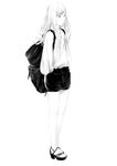  arms_at_sides backpack bag black_shorts from_side full_body greyscale high_heels highres long_hair monochrome original shorts simple_background solo sousou_(sousouworks) standing white_background 