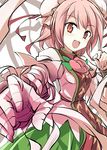  :d bandaged_arm bandages bun_cover chain chinese_clothes cuffs double_bun flower foreshortening ibaraki_kasen open_mouth pink_eyes pink_flower pink_hair pink_rose ringed_eyes rose shackles short_hair smile solo suichuu_hanabi tabard touhou 