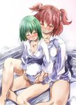  ^_^ blush closed_eyes green_hair grin hair_bobbles hair_ornament ips_cells long_hair multiple_girls onozuka_komachi open_mouth pregnant red_hair shiki_eiki short_hair sitting smile touhou two_side_up yohane yuri 