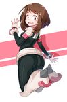  1girl ass bare_shoulders belt bodysuit boku_no_hero_academia boots breasts brown_eyes brown_hair from_behind looking_at_viewer open_mouth shiny shiny_clothes shiny_hair shiny_skin short_hair sideboob skin_tight solo uraraka_ochako 