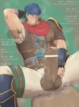  3boys abs armpit bara blue_eyes blue_hair blush body_hair cum cum_on_body ejaculation erection fire_emblem fire_emblem:_akatsuki_no_megami foreskin frottage gloves ike large_penis male_focus multiple_boys muscle orgasm penis scarf sitting smegma steam sweat testicles text yaoi 