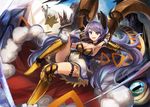 :d arm_guards armor armpits boots breasts cape cleavage dress eruthika fur-trimmed_cape fur_trim goat granblue_fantasy greaves hair_ribbon horns leaning_back leg_garter leg_up long_hair looking_at_viewer low_twintails medium_breasts open_mouth purple_eyes purple_hair ribbon satyr_(granblue_fantasy) sitting smile star strapless strapless_dress twintails very_long_hair 