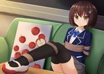  apple arms_behind_back bdsm black_legwear blazer blue_neckwear blush bob_cut bondage bound bound_ankles bound_legs bow brown_eyes brown_hair bunny_hair_ornament couch easel food fruit hair_ornament highres jacket kazenokaze kono_bijutsubu_niwa_mondai_ga_aru! looking_at_viewer pleated_skirt rope school_uniform shoes short_hair sitting skirt smile solo table thighhighs usami_mizuki uwabaki 