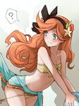  1girl ? assisted_exposure bad_id bad_pixiv_id ball bare_shoulders blue_eyes bracelet breasts collarbone cowboy_shot flower from_side front-tie_top granblue_fantasy hair_flower hair_ornament hairband holding holding_ball jewelry leaning_forward light_smile long_hair looking_back navel off_shoulder orange_hair panties panty_pull pulled_by_another sara_(granblue_fantasy) skirt skirt_lift small_breasts smile solo spoken_exclamation_mark stomach underwear waero wavy_hair yellow_panties 