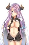  black_gloves blue_eyes blush breasts cleavage demon_horns draph gloves granblue_fantasy hair_ornament hair_over_one_eye heart heart-shaped_pupils highres horns large_breasts lavender_hair long_hair looking_at_viewer narmaya_(granblue_fantasy) navel pointy_ears seedkeng smile solo symbol-shaped_pupils 