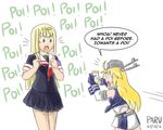  :o admiral_paru anger_vein blonde_hair bow cellphone commentary detached_sleeves english green_eyes hair_bow hair_ribbon headgear holding iowa_(kantai_collection) kantai_collection long_hair multiple_girls parody phone pleated_skirt poi pokemon pokemon_go ribbon school_uniform serafuku sketch skirt smartphone star star-shaped_pupils symbol-shaped_pupils v-shaped_eyebrows younger yuudachi_(kantai_collection) 