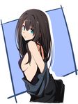  bare_shoulders breasts brown_hair green_eyes highres idolmaster idolmaster_cinderella_girls kazenoko long_hair looking_at_viewer medium_breasts shibuya_rin sideboob solo 