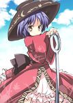  bowl bowl_hat hat holding_needle japanese_clothes kimono needle obi object_on_head purple_hair sash short_hair solo suichuu_hanabi sukuna_shinmyoumaru touhou 