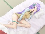  1girl bed breasts fingering long_hair lying masturbation one_eye_closed pillow purple_hair touhou tsukumo_benben twintails underwear zakku_(kya--193) 