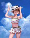  2014 arms_up artist_name bikini_skirt bird blue_sky brown_hair cloud contrapposto cowboy_shot dated day felix_(luoxia) green_eyes happy hat heart heart_print midriff navel open_mouth original panda_hat short_hair side-tie_swimsuit sky smile solo standing striped sun_hat swimsuit tankini teeth vertical_stripes watermark 