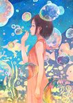  black_hair bubble bubble_blowing commentary_request fish from_side gemi jellyfish original profile seaweed short_hair solo standing star 