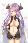  black_gloves blue_eyes blush breasts bug butterfly cleavage demon_horns draph gloves granblue_fantasy hair_ornament hair_over_one_eye heart heart-shaped_pupils highres horns insect large_breasts lavender_hair long_hair looking_at_viewer narmaya_(granblue_fantasy) navel pointy_ears seedkeng smile solo symbol-shaped_pupils 