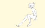  alternate_hairstyle arms_at_sides bangs barefoot black-framed_eyewear breasts eyewear_removed foot_hold from_side full_body glasses holding holding_eyewear invisible_chair medium_breasts mei_(overwatch) monochrome nude overwatch profile reaching short_ponytail sidelocks simple_background sitting solo taemin toenails yellow_background 