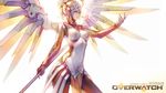  1girl backlighting bad_id bad_pixiv_id blonde_hair blue_eyes bodysuit breasts copyright_name cowboy_shot high_ponytail highres holding holding_staff large_breasts long_hair mechanical_halo mechanical_wings mercy_(overwatch) outstretched_hand overwatch pantyhose ponytail simple_background solo spread_wings staff wallpaper white_background wings yellow_wings 