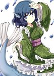  animal_ears blue_hair drill_hair head_fins japanese_clothes kimono long_sleeves mermaid monster_girl obi sash solo suichuu_hanabi touhou wakasagihime wide_sleeves 