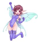  :d arm_up ass_visible_through_thighs bangs bare_shoulders blue_wings breasts brown_hair clenched_hands covered_navel covered_nipples elbow_gloves eyebrows eyebrows_visible_through_hair fairy fairy_wings full_body gloves groin hair_between_eyes highleg highleg_leotard knees_together_feet_apart leotard looking_at_viewer medium_breasts nollety open_mouth pixie_(megami_tensei) pointy_ears purple_gloves purple_legwear purple_leotard red_eyes shin_megami_tensei short_hair smile solo thigh_gap thighhighs turtleneck wings 