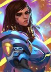  black_hair brown_eyes dark_skin eye_of_horus eyebrows eyelashes facial_mark facial_tattoo hair_tubes highres jang_ju_hyeon lips looking_at_viewer looking_to_the_side nose overwatch parted_lips pharah_(overwatch) power_armor realistic solo tattoo 