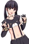  animal_costume bear_costume bear_girl bear_paws black_eyes black_hair blush breasts commentary_request cowboy_shot elbow_gloves eyebrows_visible_through_hair fingerless_gloves gloves highres long_hair looking_at_viewer matsunaga_kouyou medium_breasts midriff navel original paw_print simple_background solo suspenders twintails underboob white_background 