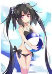  absurdres amano_kouki ball bare_shoulders beachball bikini black_bikini black_hair black_ribbon blush collarbone cross cross_necklace flat_chest hair_ornament hair_scrunchie highres jewelry long_hair looking_at_viewer necklace note-chan original purple_eyes ribbon scrunchie smile solo swimsuit twintails very_long_hair 