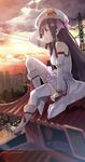  boots cable cross_regalia detached_sleeves dress hat highres nata_(cross_regalia) ribbon rooftop solo sunset town white_legwear yuugen 