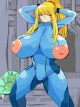  artist_request blonde_hair blue_eyes gigantic_breasts gradient_background hair_over_one_eye hands_behind_head metroid metroid_(creature) ponytail puffy_nipples samus_aran torn_clothes zero_suit 