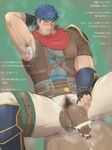  1boy abs aftersex armpit bara blue_eyes blue_hair blush body_hair cum_on_body fire_emblem fire_emblem:_akatsuki_no_megami foreskin gloves ike male_focus muscle penis scarf sitting smegma solo steam sweat testicles text yaoi 