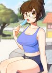  arm_at_side artist_name bangs bare_shoulders black-framed_eyewear black_shorts blue_sky breasts brown_eyes brown_hair cloud cloudy_sky collarbone crop_top day dripping fingernails food glasses hair_bun highres holding holding_food ice_cream large_breasts looking_at_viewer mei_(overwatch) navel open_mouth overwatch park popsicle short_hair short_shorts shorts sidelocks sitting sky solo stall sweatdrop swept_bangs taemin tank_top teeth tongue tree water 