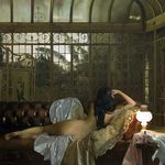  andrey_belichenko bad_feet barefoot black_hair bottle couch highres indoors lamp long_hair lying nude on_side original photorealistic solo table 