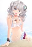  bikini blue_eyes breasts flower groin hair_flower hair_ornament highres jewelry kantai_collection kashima_(kantai_collection) large_breasts long_hair namiki_system necklace open_mouth pool silver_hair solo swimsuit twintails wavy_hair wristband 