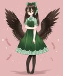  alternate_costume blush bow brown_hair egret feathers hair_bow highres long_hair pantyhose red_eyes reiuji_utsuho ribbon smile solo touhou wings 