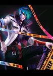 artist_name bad_id bad_pixiv_id bandages belt caution_tape green_hair guitar hair_over_one_eye headphones highres instrument male_focus necktie open_mouth red_eyes shun'ei solo teeth the_king_of_fighters the_king_of_fighters_xiv toxicface 