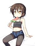  alternate_costume black_legwear brown_eyes brown_hair food fruit ichidai_taisa kantai_collection midriff panties panties_under_pantyhose pantyhose pantyhose_under_shorts popsicle short_hair shorts solo underwear wakaba_(kantai_collection) watermelon white_panties 