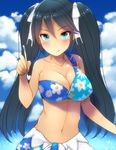  :q asymmetrical_bikini bare_shoulders bikini bikini_skirt black_hair blue_bikini blue_eyes blue_sky breasts cleavage cloud collarbone day floral_print food hair_ribbon highres holding ice_cream isuzu_(kantai_collection) kantai_collection kiyomin large_breasts long_hair looking_at_viewer navel ribbon single_strap sky solo spoon stomach swimsuit tongue tongue_out tsurime twintails upper_body very_long_hair white_ribbon 