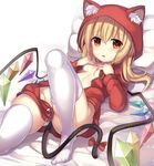  animal_hood blonde_hair blush bow breasts cat_tail flandre_scarlet highres hood hoodie janne_cherry knee_up long_hair long_sleeves lying md5_mismatch naked_hoodie no_panties on_back orange_eyes pillow red_bow resized simple_background small_breasts solo tail tail_bow thighhighs thighs touhou unzipped upscaled wavy_mouth white_background white_legwear wings 