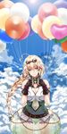  ahoge bad_id bad_pixiv_id balloon balloon_vine_(flower_knight_girl) bangs belt belt_buckle black_gloves blonde_hair blue_sky braid breasts bubble_skirt buckle cleavage cloud covered_navel cowboy_shot day fingerless_gloves flower_knight_girl gloves goggles goggles_on_head green_eyes hair_between_eyes head_tilt heart heart-shaped_pupils heart_balloon holding holding_balloon kake_(kuromitsu) large_breasts layered_skirt long_hair looking_at_viewer pleated_skirt see-through single_braid skirt sky sleeveless smile solo sunlight symbol-shaped_pupils thighs twitter_username underbust 