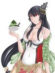  black_hair bowl breasts casual_one-piece_swimsuit cleavage food fusou_(kantai_collection) hair_ornament highres kantai_collection large_breasts long_hair one-piece_swimsuit red_eyes sarong shaved_ice shawl solo spoon swimsuit upper_body yumedamauru 
