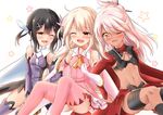  ;d black_hair blonde_hair blush chloe_von_einzbern cravat dark_skin fate/kaleid_liner_prisma_illya fate_(series) girl_sandwich gloves hair_ornament highres illyasviel_von_einzbern long_hair magical_girl miyu_edelfelt morokoshi_(tekku) multiple_girls navel one_eye_closed open_mouth pink_hair pink_legwear prisma_illya red_eyes sandwiched short_hair short_twintails smile star starry_background thighhighs twintails white_background white_gloves x_hair_ornament yellow_eyes 