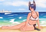  1girl beach bikini bluphoenix blush breasts city clouds collarbone eyepatch grin headgear kantai_collection large_breasts looking_at_viewer necktie ocean purple_hair short_hair smile solo sparkle sweat swimsuit tenryuu_(kantai_collection) yellow_eyes 