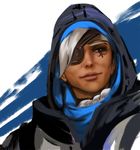  ana_(overwatch) dark_skin eyepatch facial_mark facial_tattoo hijab hood jang_ju_hyeon lips long_hair nose old_woman overwatch portrait solo tattoo 