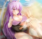  1girl :p animal_ears bikini blush breast_smother breasts bunny_ears bunny_tail cleavage collarbone covered_nipples highres kurokoshou_(emuburemu123) large_breasts lavender_hair licking_lips long_hair medium_breasts naughty_face ocean purple_hair red_eyes reisen_udongein_inaba sand smile smother sweat swimsuit tail tap_out tapping thighs tongue tongue_out touhou trembling twitching v-shaped_eyebrows very_long_hair 