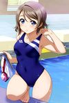  absurdres bangs bare_shoulders barefoot blue_eyes blue_swimsuit blush breasts brown_hair closed_mouth collarbone competition_swimsuit covered_navel frown goggles highres inou_shin ladder love_live! love_live!_sunshine!! medium_breasts official_art one-piece_swimsuit pool solo sparkle strap_pull swept_bangs swim_cap swimsuit thighs tile_floor tiles watanabe_you water 