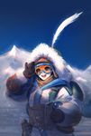 blue_sky coat day feathers fur_trim hand_on_goggles krusier long_sleeves mei_(overwatch) mountain open_mouth outdoors overwatch ski_goggles sky smile snow solo upper_body yeti_hunter_mei 