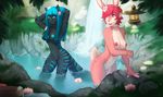  anthro bathing blue_fur blue_hair breasts cat cyan_eyes duo feline female fur hair hot_spring lagomorph mammal nude pink_eyes pink_fur pink_hair piranhapettingzoo pussy rabbit red_hair stripes tiger water 