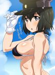  :o adjusting_clothes adjusting_hat akitsu_maru_(kantai_collection) animal_ears arched_back bangs bare_arms bare_shoulders bikini bikini_top black_bikini black_bikini_top black_eyes black_hair black_hat blue_sky blush breasts cloud covered_nipples day eyebrows_visible_through_hair face gloves hand_on_headwear hat kani_club kantai_collection large_breasts looking_at_viewer looking_to_the_side military_hat open_mouth peaked_cap short_hair sky solo strap_gap sweat swimsuit translation_request upper_body white_gloves wolf_ears 