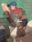  3boys abs armpit bara blue_eyes blue_hair blush body_hair erection fire_emblem fire_emblem:_akatsuki_no_megami foreskin gloves handjob ike large_penis male_focus multiple_boys muscle penis scarf sitting smegma steam sweat testicles text yaoi 