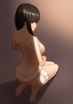  ass backless_dress backless_outfit bare_arms bare_back bare_legs bare_shoulders barefoot black_hair breasts butt_crack closed_mouth daydream_(zhdkffk21) dress from_behind full_body gradient gradient_background halterneck hands_on_lap highres large_breasts light_smile looking_back meme_attire naked_sweater no_panties open-chest_sweater original profile red_eyes sideboob simple_background solo sweater sweater_dress turtleneck turtleneck_sweater v_arms virgin_killer_sweater 