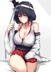  :t bandana bare_shoulders black_hair breasts cleavage collarbone detached_sleeves hair_ornament headgear hews_hack highres japanese_clothes kantai_collection large_breasts looking_at_viewer nontraditional_miko pout remodel_(kantai_collection) short_hair sitting skirt solo tears torn_clothes torn_skirt wide_sleeves yamashiro_(kantai_collection) 