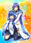  blue_eyes blue_hair blue_scarf caffein commentary_request dual_persona genderswap genderswap_(mtf) gloves headset highres kaiko kaito kaito_(vocaloid3) long_hair midriff multiple_girls nail_polish open_mouth scarf short_hair skirt smile thighhighs vocaloid 