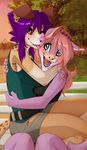  5_fingers anthro blue_eyes canine clothed clothing duo ear_piercing eyelashes female fur hair hug licking mammal open_mouth outside piercing pink_eyes pink_fur pink_hair pink_nose purple_hair sitting tan_nose tattoo teeth tongue tongue_out wolf wolflady 